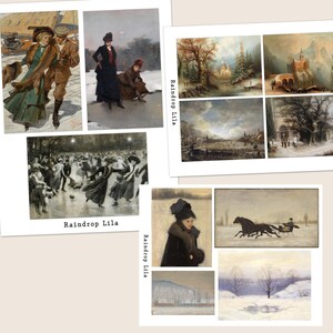 May include: A collection of vintage winter-themed paintings. The artwork depicts scenes of ice skating, horse-drawn sleighs, and snowy landscapes. The color palette includes muted tones of gray, brown, and white, evoking a sense of nostalgia and winter activities.