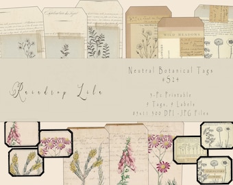 Neutral Botanical Tags - JOURNAL PRINTABLE- Raindrop Lila - Instant download