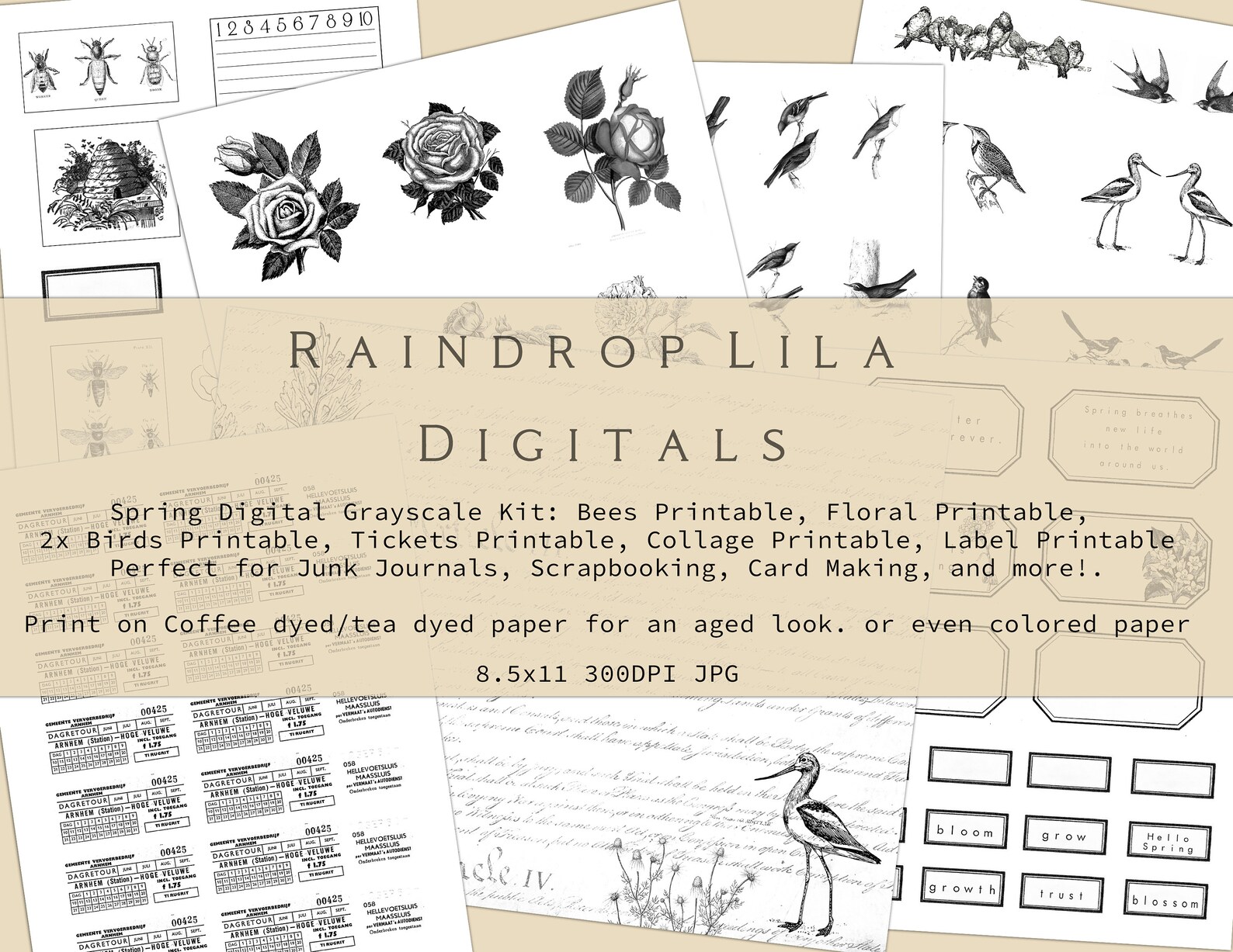 Spring Grayscale Digital Kit Printables for Junk Journaling | Etsy