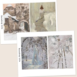 May include: A collection of four vintage art prints. The prints depict winter scenes, including a snow-covered town, a woman in a white dress, and a snowy landscape. The text "Raindrop Lila" is printed on the left side of two of the prints.