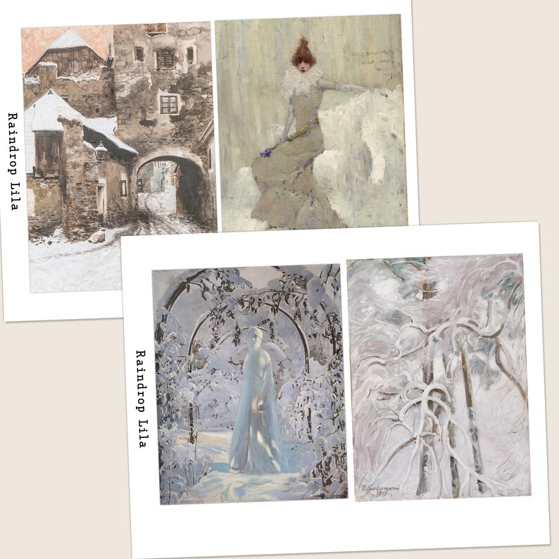 May include: A collection of four vintage art prints. The prints depict winter scenes, including a snow-covered town, a woman in a white dress, and a snowy landscape. The text "Raindrop Lila" is printed on the left side of two of the prints.