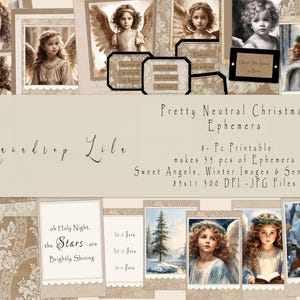 Pretty Neutral Christmas Ephemera C124, ANGEL Tags, Etiquetas, Cartões de Diário, Scrapbook de Inverno, Raindrop Lila Junk Journal para Imprimir