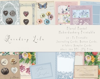 Floral Pastel Haberdashery Printable, Junk Journal Sewing digital kit, Button Cards, Fabric & Lace Sampler, Swatch Cards, AU24