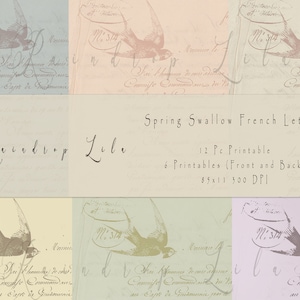 Hirondelles de printemps - lettres en français imprimable - papier de fond - goutte de pluie lila numérique