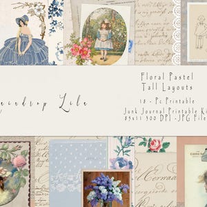 Diseños altos florales en tonos pastel, kit digital de diario basura estilo vintage, arte Raindrop Lila AU24