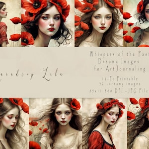 Flüstern der Vergangenheit Printable - Verträumte Bilder, die Ihre Geschichte erzählen - Junk Journal und Scrapbooking zum Ausdrucken - Raindrop Lila Art - Mohnblumen