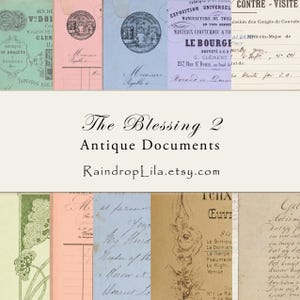 May include: A collection of vintage-style paper ephemera featuring various antique documents, French invoices, and handwritten scripts in pastel shades of green, pink, blue, and tan, with a central white banner displaying The Blessing 2 Antique Documents.