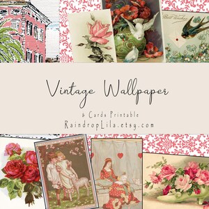 Papier peint vintage et cartes numériques, imprimable Saint Valentin, oiseau, roses, éphémères, kit Raindrop Lila