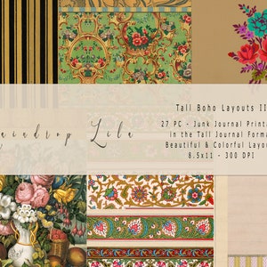 Layout di diario Tall Boho II - 27 pagine di diario Boho Junk - Pagine stampabili Raindrop Lila Art