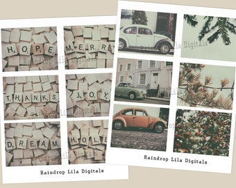 May include: A collage of nine images featuring vintage cars, pine trees, and scrabble tiles spelling out the words "HOPE", "MERRY", "THANKS", "JOY", "DREAM", and "HOLLY".