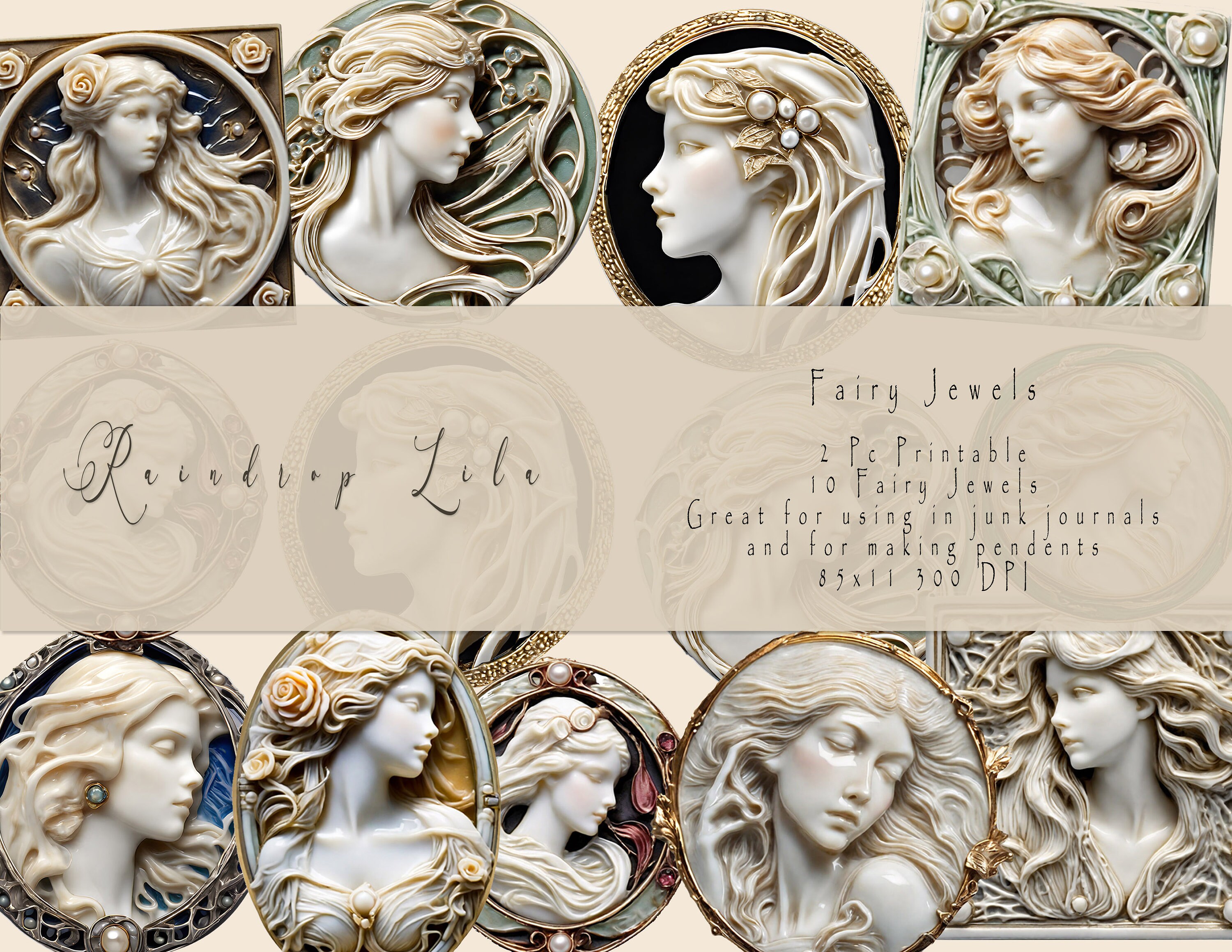 Fairy Jewels Printable- Cameo JUNK JOURNAL PRINTABLE- Raindrop Lila Art- Beautiful Ladies