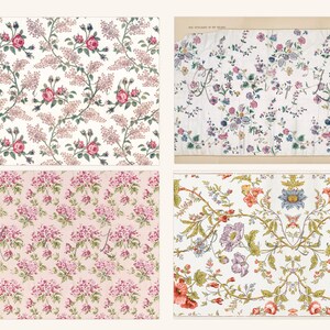 K&ouml;nnte beinhalten: Vier verschiedene Blumenmuster auf wei&szlig;em Stoff. Die Muster zeigen verschiedene Blumen, darunter Rosen, in den Farben Rosa, Lila und Gr&uuml;n.