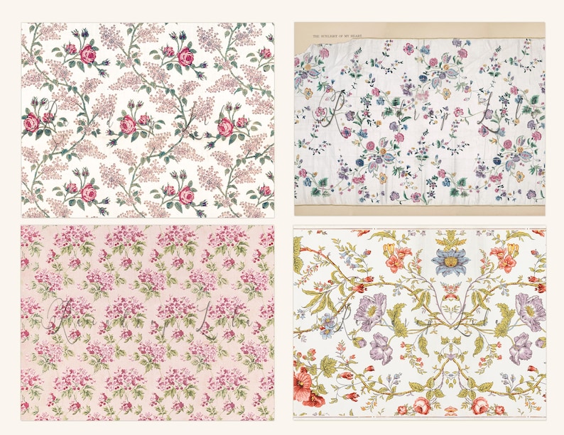 K&ouml;nnte beinhalten: Vier verschiedene Blumenmuster auf wei&szlig;em Stoff. Die Muster zeigen verschiedene Blumen, darunter Rosen, in den Farben Rosa, Lila und Gr&uuml;n.