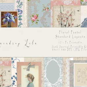 Kit digital de diario basura de estilo vintage con diseños estándar en tonos pastel florales, Raindrop Lila AU24 Art