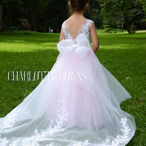 Pink Tulle Girl Dress, White sequins Flower girl dress, Tulle flower girl dress, Lace girl dress