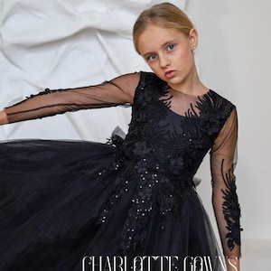 Black Flower Girl Dress, Junior Bridesmaid Dress, Black Flower Girl Dress with Train, Long sleeve girl dress, Girl Lace Gown