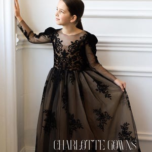 Black Flower Girl Dress, Long Sleeve Flower Girl gown, Long sleeve girl dress, Girl Lace Gown