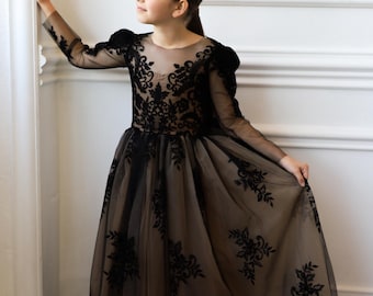 Black Flower Girl Dress, Long Sleeve Flower Girl Gown, Long Sleeve Girl Dress, Girl Lace Gown