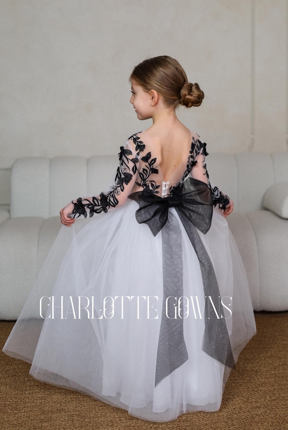 Black Lace Flower Girl Dress, Long Sleeve Girl Dress, Junior Bridesmaid Dress, Girl Lace Gown