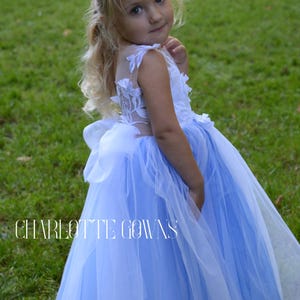 Blue Flower Girl Dress, Tulle Girl Dress with Train, Electric Girl Lace Gown, Puffy Blue Toddler Dress
