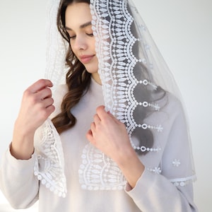 Ivory Lace  Mantilla, Catholic Lace Veil, Ivory Veil with Jesus