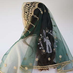 Soft Green lace veil catholic infinity mantilla catholic chapel veil green mantilla veil, Headcovering for church, Orthodox veil, Lace snood