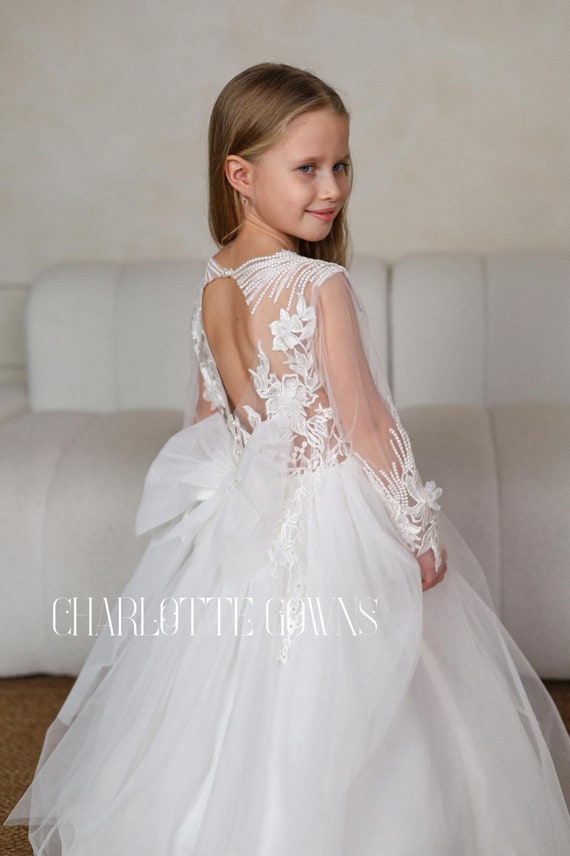 Flower Girl Dress With Long Sleeves, Lace Girl Dress, White Long