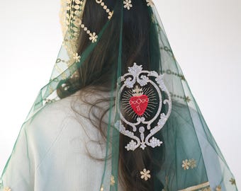 Green Veil with Heart Embmbroidery, Chapel Veil with embroidery, Chorch visiting veil