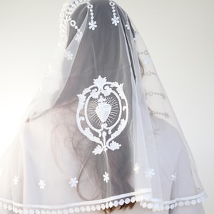 Embroidered Lace  Mantilla, Catholic Lace Veil, Ivory Veil with Heart