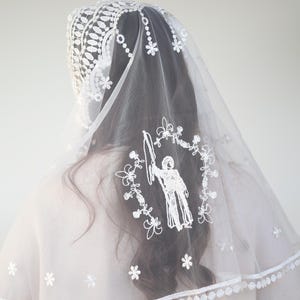 Ivory Veil with Jesus, Embroidered Lace  Mantilla, Catholic Lace Veil