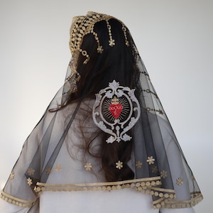 Long Black Chapel Veil, Brong Lace Catholic Mantilla, Latin Mass Mantilla