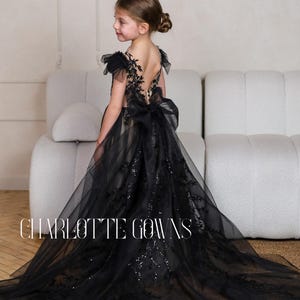 Black Flower Girl Dress with Train, Black Lace Gown, Flower Girl Dress Black