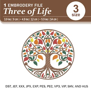 Puede incluir: Un diseño de bordado colorido de un árbol de la vida con un tronco y raíces marrones, hojas verdes y frutos rojos, naranjas y amarillos. El diseño está en un círculo y mide 3,9 pulgadas (9 cm) a 5,9 pulgadas (14 cm).