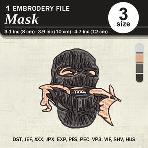 Puede incluir: Archivo de bordado con un diseño de máscara negra. La imagen incluye el texto "Mask" y opciones de tamaño de 8 cm, 10 cm y 12 cm. El archivo es compatible con varios formatos de máquinas de bordar. La imagen también muestra el número 3.