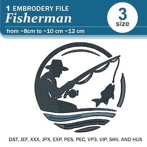 Könnte beinhalten: Eine schwarz-weiße Silhouette eines Fischers in einem Boot, der eine Angelrute auswirft. Das Bild ist in einem Kreis mit einem blauen Umriss und Wellen am Boden. Der Text "1 EMBROIDERY FILE Fisherman from ~8cm to ~10 cm ~12 cm 3 size DST, JEF, XXX, JPX, EXP, PES, PEC, VP3, VIP, SHV, AND HUS" befindet sich unter dem Bild.
