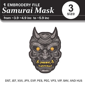 Può includere: Maschera di samurai ricamata in nero e grigio con occhi gialli. La maschera è un file di ricamo digitale disponibile in tre dimensioni. I formati di file inclusi sono DST, JEF, XXX, JPX, EXP, PES, PEC, VP3, VIP, SHV e HUS.