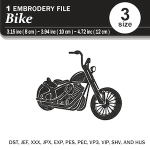 May include: Black and white silhouette of a motorcycle, 1 embroidery file, 3 sizes, 3.15 inches (8 cm) to 4.72 inches (12 cm), DST, JEF, XXX, JPX, EXP, PES, PEC, VP3, VIP, SHV, AND HUS file formats.