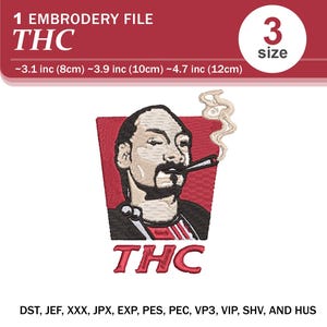 May include: An embroidery file design of a cartoon character with a red background and the text "THC". The design is available in three sizes: 3.1 inches, 3.9 inches, and 4.7 inches.