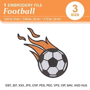 May include: A black and white soccer ball on fire. The ball is 3.15 inches (8 cm) to 4.72 inches (12 cm) in size. The embroidery file is available in DST, JEF, XXX, JPX, EXP, PES, PEC, VP3, VIP, SHV, and HUS formats.