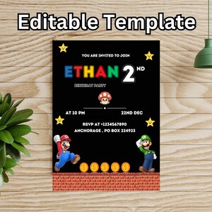 Mario birthday Card , Mario card invite , Luigi invitation , Mario Template card , Mario Invitation