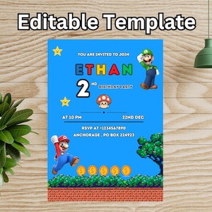 Cartão de aniversário do Mario, convite para cartão do Mario, convite do Luigi, cartão de modelo do Mario, convite do Mario