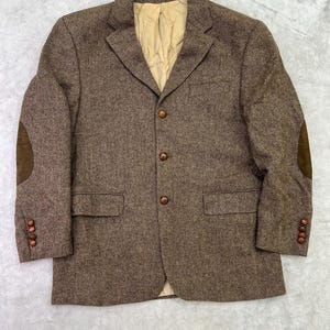 Blazer vintage Peter Fitch / Lana Shetland con estampado de espiga / Chaqueta con coderas marrones / Talla 42R para hombre