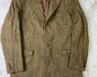 Vintage 1980s Harris Tweed Blazer: Brown Herringbone Wool Sport Coat