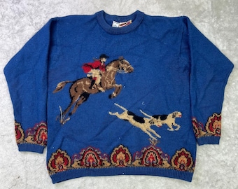 Vintage 1990s JH Collectibles Equestrian Wool Sweater | Fox Hunt Horse Rider Knit Jumper