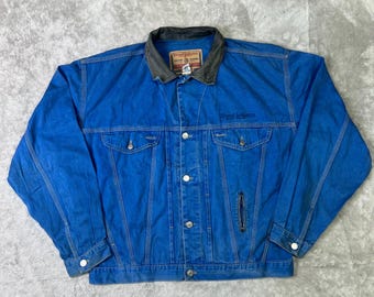 Vintage 90s Diesel Industry Cobalt Blue Denim Jacket with Leather Collar (Size L)