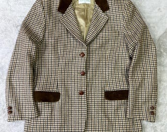 Vintage 1980s Italian Wool Houndstooth Blazer with Velvet Collar