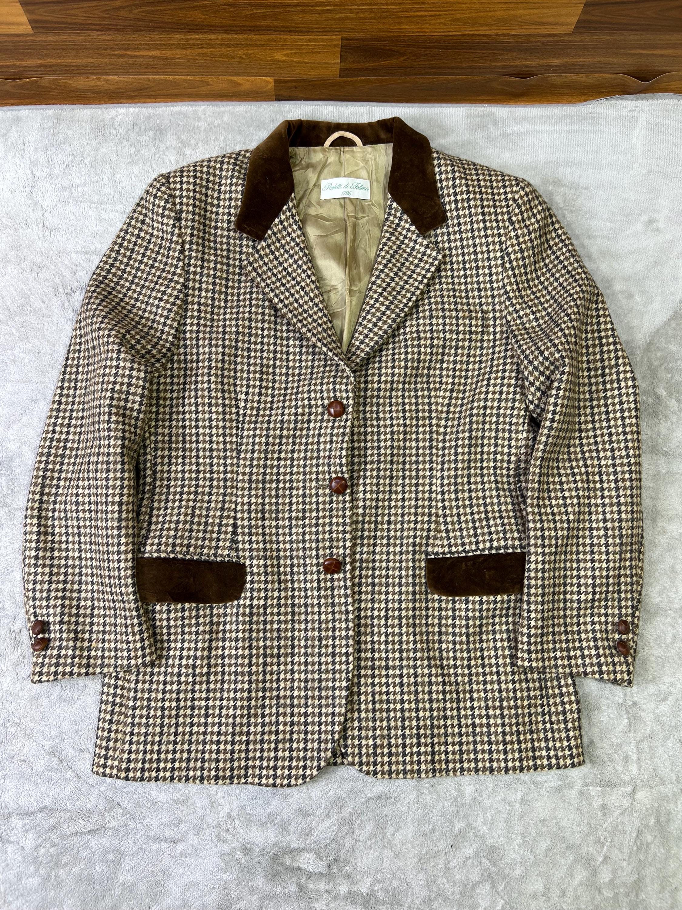 Vintage 1980s Italian Wool Houndstooth Blazer With Velvet Collar