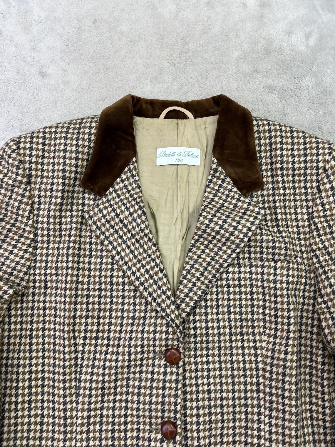 Vintage Italian Houndstooth Wool Blazer – Velvet Collar, 1980s–1990s, Size 46, Foto 3 von 5