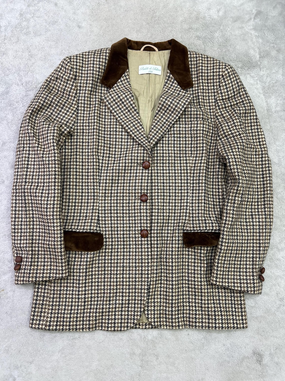 Vintage Italian Houndstooth Wool Blazer – Velvet Collar, 1980s–1990s, Size 46, Foto 1 von 5