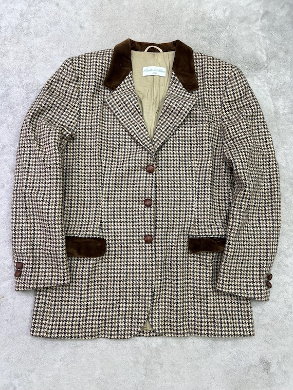 Vintage Italian Houndstooth Wool Blazer – Velvet Collar, 1980s–1990s, Size 46